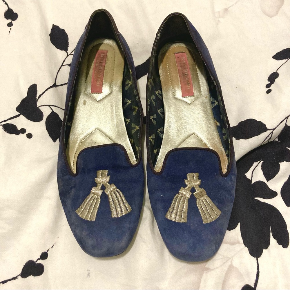 Isaac Mizrahi Dark Blue Velvet Smoking Slippers Size 6